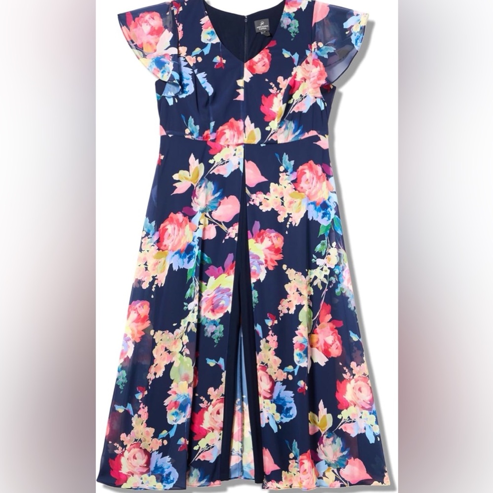 Adrianna Papell Navy Floral Flutter-Sleeve Jumpsuit - Picture 3 of 7